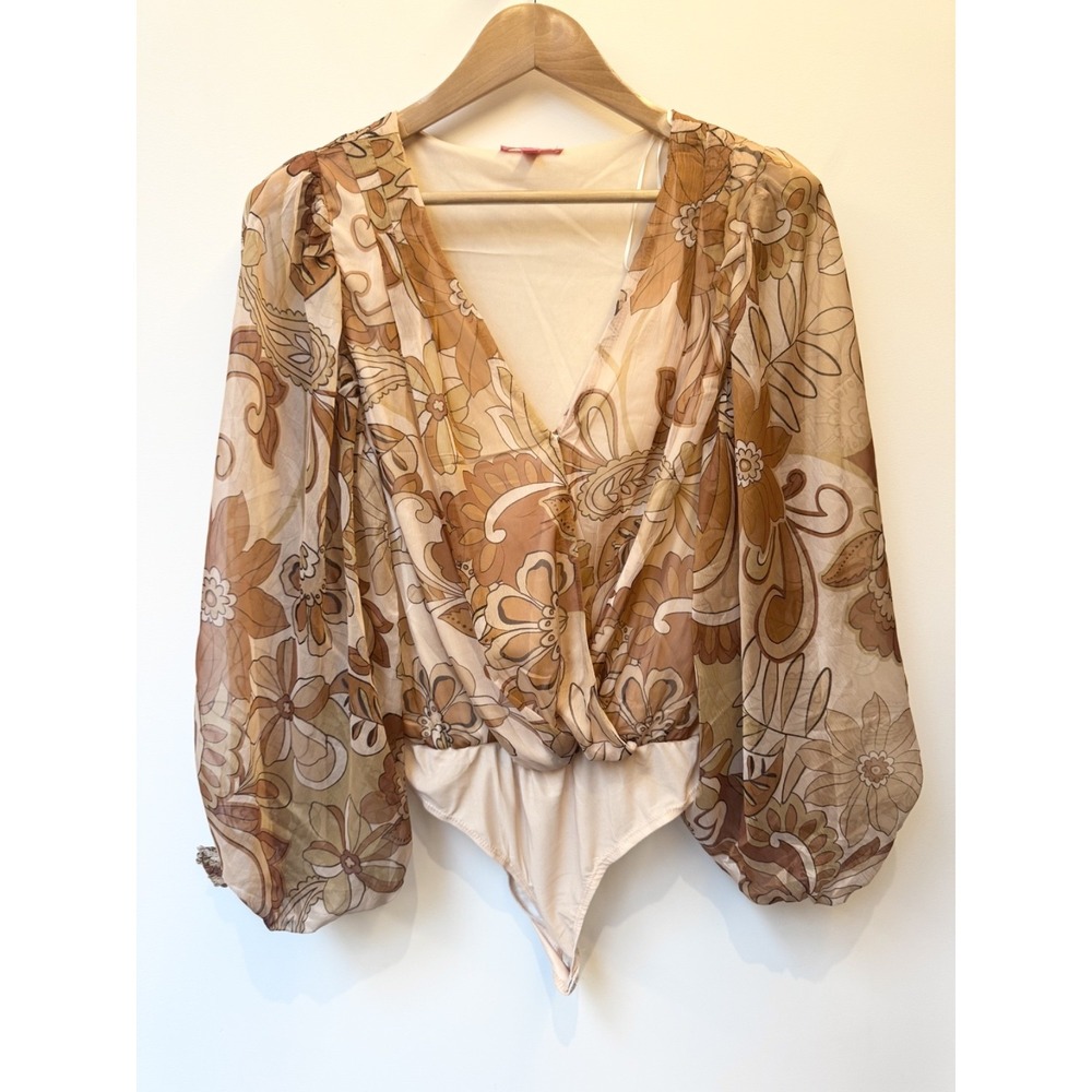 FLYING TOMATO Bodysuit Tan Floral Smocked‎ Boho Long Poet Sleeve V-Neck Sz S